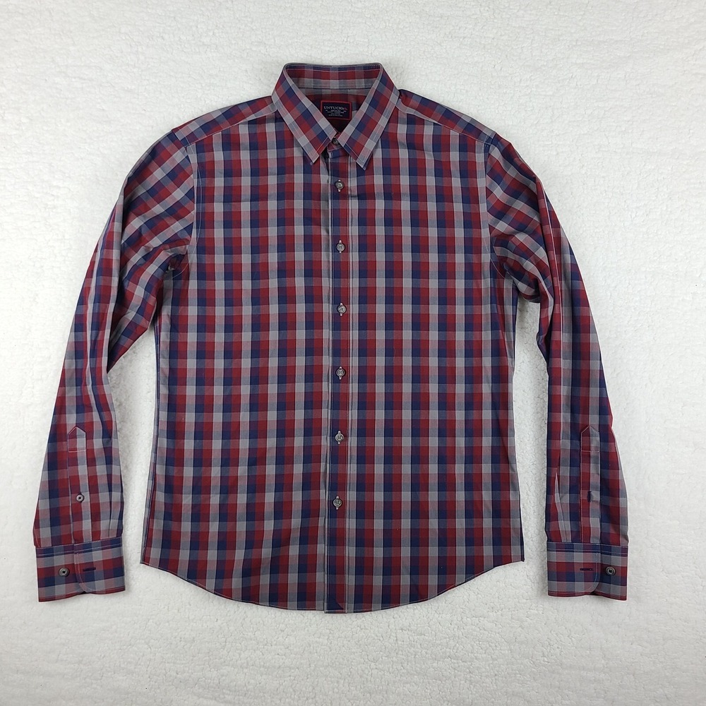 UNTUCKit Dress Shirt Mens Medium Blue Red Gray Plaid Wrinkle Free Button Up